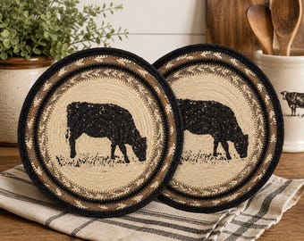Set of 2 Farmhouse Cow Jute Trivets | Rustic Braided Hot Pad Set