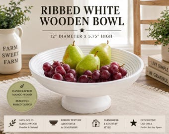 Ribbed White Wooden Mango Wood  Fruit Bowl with Pedestal