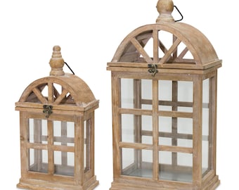Natural wooden lantern with curved top (set of 2)