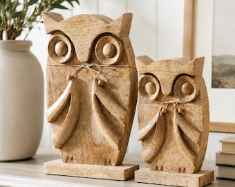Hand Carved Wooden Owl Statues Set of 2