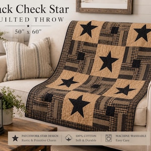May include: A quilted throw measuring 50 inches by 60 inches, featuring a patchwork design with tan squares and black star motifs alternating with black and tan checkered blocks. The textile is labeled as 100% cotton and machine washable.