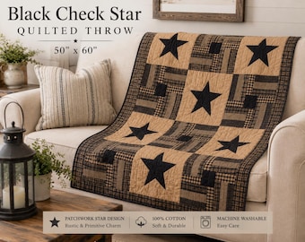 Black Check Star Quilted Throw Blanket | Primitive Farmhouse Patchwork Quilt | 50x60 Cotton Country Throw