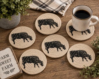 Farmhouse Cow Coasters Set of 6, Braided Jute Coasters