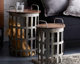 Farmhouse Wood & Metal Basket Side Tables (Set of 2)