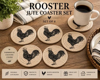 Rooster Jute Coaster Set | Farmhouse Chicken Coasters | Set of 6