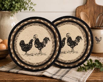 Set of 2 Chicken Jute Trivets | Farmhouse Rooster Hot Pads
