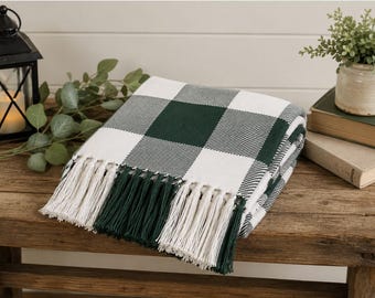 Hunter Green Buffalo Check Farmhouse Throw Blanket | 50x60 Woven Cotton Blend