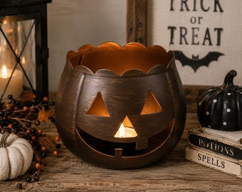 Bronze Jack-O-Lantern Tealight Candle Holder – Rustic Halloween Decor