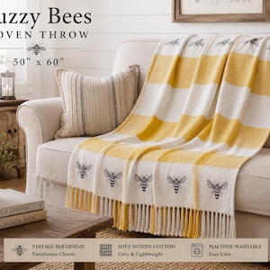 Buzzy Bees Woven Throw Blanket 50x60 | Farmhouse Bee Decor | Yellow Cotton Throw image 1