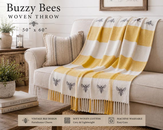 Buzzy Bees Woven Throw Blanket 50x60 | Farmhouse Bee Decor | Yellow Cotton Throw