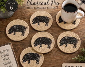 Farmhouse Pig Coasters Set of 6, Braided Jute Coasters