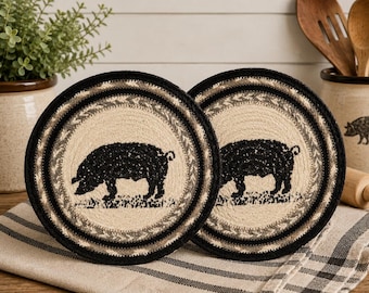 Set of 2 Farmhouse Pig Jute Trivets | Rustic Hot Pad Set