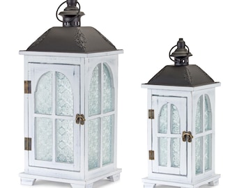 White wood lantern with ornate frosted glass (set of 2)