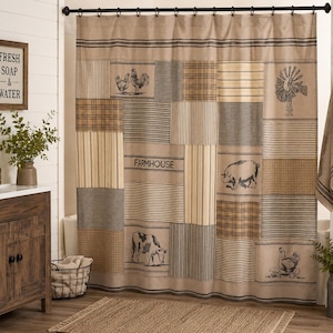 May include: A shower curtain featuring a patchwork design in neutral tones of beige, tan, and gray. The fabric displays various patterns including stripes, plaids, and solid blocks, with printed illustrations of a windmill, a pig, a cow, and chickens.