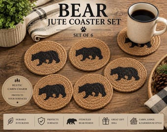 Bear Jute Coaster Set | Rustic Cabin Coasters | Set of 6