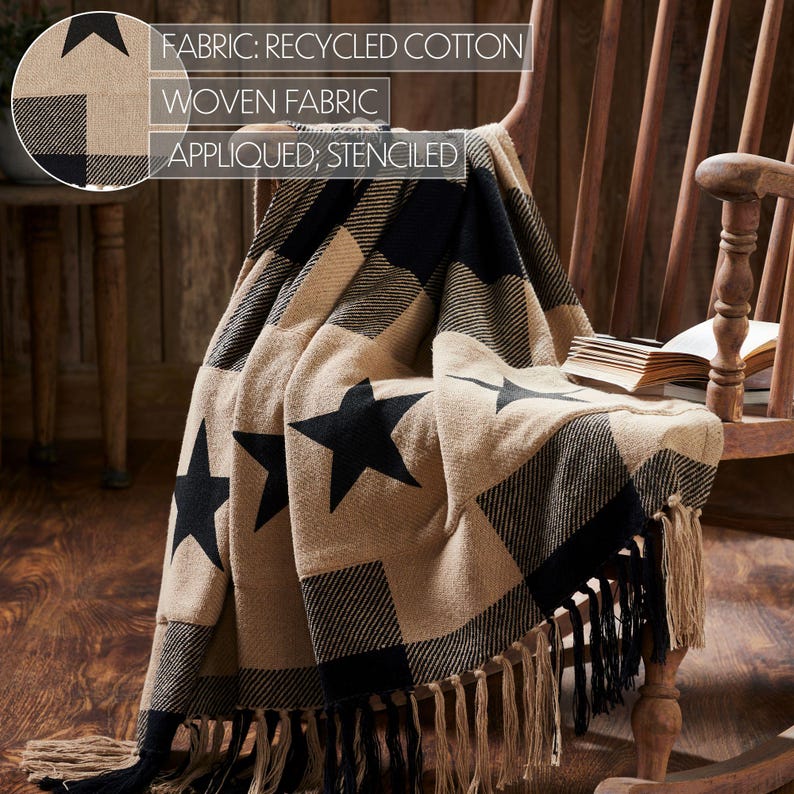 May include: A woven throw blanket featuring a black and tan buffalo check pattern with large black stenciled stars. The fabric is recycled cotton. The blanket has long, knotted fringe trim along the bottom edge. Text reads: FABRIC: RECYCLED COTTON, WOVEN FABRIC, APPLIED; STENCILED.