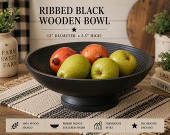 Ribbed Black Wooden Fruit Bowl | Farmhouse Centerpiece Bowl | Decorative Pedestal Bowl