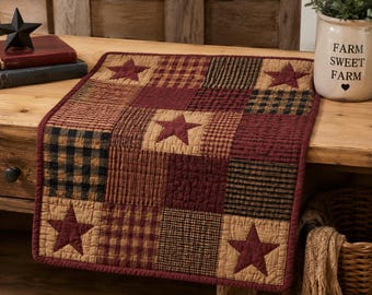 Connell Primitive Patchwork Lap Throw 30x30 | Burgundy Cotton Mini Quilt | Rustic Country Farmhouse Decor