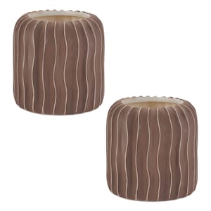 May include: Two brown ceramic vases with vertical white stripe detailing. The vases have a cylindrical shape with a slightly flared opening. The interior of the vases is a light cream color. These decorative vases are suitable for home decor.