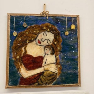 Mother's Day Gift, Gustav Klimt Mother and Child Felt Painting, Handmade Wall Decor in Wood Frame, New Mom Gift image 7