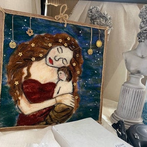 Regalo del Día de la Madre, Pintura de fieltro de madre e hijo de Gustav Klimt, decoración de pared hecha a mano en marco de madera, regalo de nueva mamá imagen 6