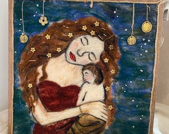 Regalo del Día de la Madre, Pintura de fieltro de madre e hijo de Gustav Klimt, decoración de pared hecha a mano en marco de madera, regalo de nueva mamá