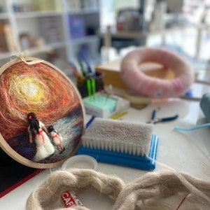 Felt painting with wooden frame, Gift for mother&#39;s day, Sunset felt painting, Handmade Wall Decoration
