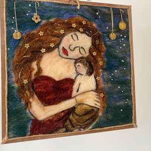 Mother's Day Gift, Gustav Klimt Mother and Child Felt Painting, Handmade Wall Decor in Wood Frame, New Mom Gift image 8