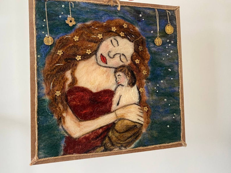 Regalo del Día de la Madre, Pintura de fieltro de madre e hijo de Gustav Klimt, decoración de pared hecha a mano en marco de madera, regalo de nueva mamá imagen 8