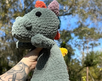 Crochet Dinosaur Lovey | TWO SIZES, Custom Colors | Cute Dino Snuggler for Babies, Toddlers | Custom Baby Shower or Birthday Gift
