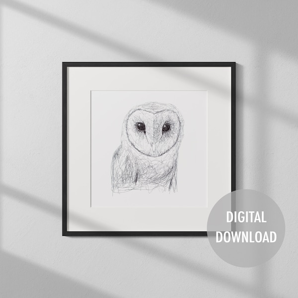 Barn Owl Scribble Sketch Printable Black and White Nature Wildlife Drawing Wall Art - Digital Download - Gift- High Quality JPEG File