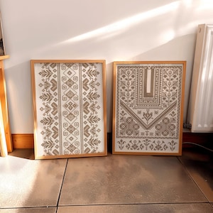 Palestinian Tatreez Wall Art, Neutral Two-Piece Cross-Stitch Digital Print Set