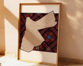 Jordaanse kaart Tatreez-borduurmotief – muurkunst Midden-Oosten (digitale download)