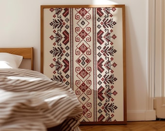 Palästinensischer Tatreez-Stickereidruck: Traditionelle Kreuzstich-Wandkunst