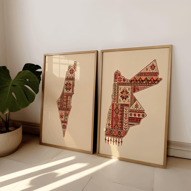 Palestinian Wall Art Map Set | Arabic Typography and Tatreez Design ...