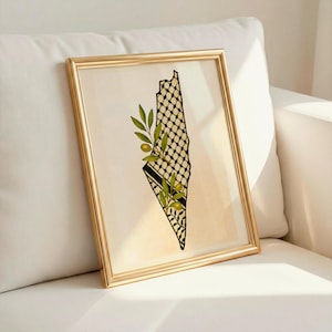 Stampa artistica ad acquerello della mappa della Palestina: Keffiyeh e ramo d'ulivo (download digitale)