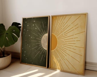 Antique Gold Art, Two-Piece Celestial Sun And Moon Posters, 270 Gsm Satin Paper