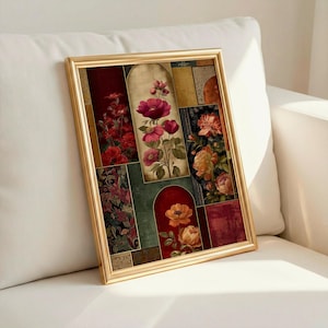 May include: A framed art print with a floral collage. The artwork displays botanical illustrations of flowers in red, pink, and yellow, set against burgundy, green, and gold backgrounds. The frame is gold in colour.