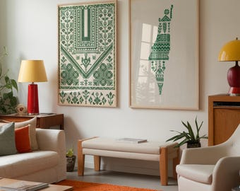 Palästinensisches Tatreez-Stickerei-Kunstdruck-Set: Grüne Kreuzstich-Designs