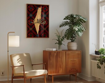 Golden Palestine Map Wall Art – Arabic Calligraphy with Traditional Tatreez Pattern