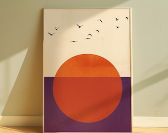 Minimalist Sunset Wall Art Print | Modern Abstract Sun Over Purple Horizon | Mid-Century Style