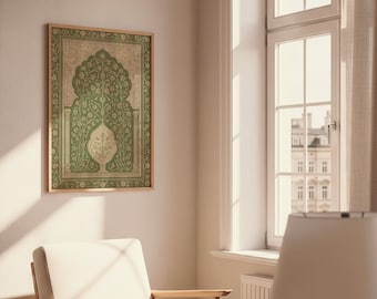 May include: A framed print with a green and beige floral design and an arched top. The artwork has a vintage aesthetic, with a wooden frame. The print is hanging on a white wall next to a window.