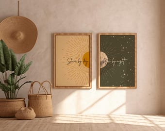 Glow By Night Celestial Poster Set, Sun Moon Art in Earthy Tones