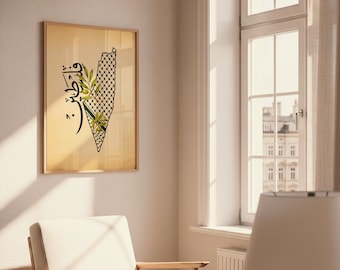 Palestine Map Watercolor Print: Keffiyeh, Olive Branch (Digital Download)