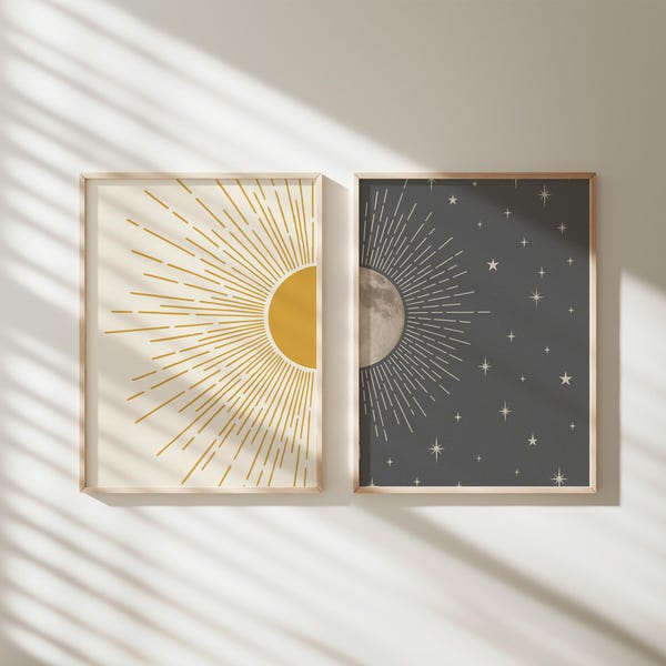 Zon en maan hemelse muurkunstafdrukken: boho woondecoratie