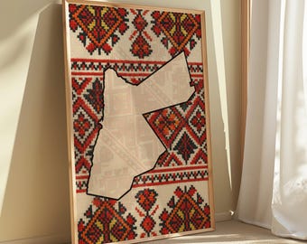 Jordaanse kaart Tatreez Art Print – Arabisch woondecoratie (digitale download)