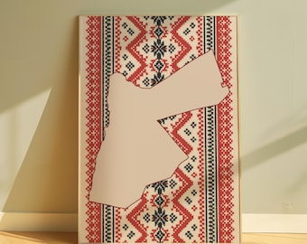Digitale download kaart Jordanië | Jordaanse muurkunst | Woondecoraties uit het Midden-Oosten | Tatreez-patroonprint