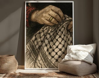 Palestyńska sztuka ścienna | Kobieta trzymająca kefiję | Pobieranie cyfrowe w wysokiej rozdzielczości