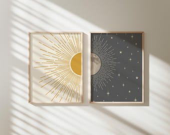 Celestial Wall Art, Sun And Moon Poster Set, 270 gsm Satin Paper