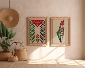 Palestinian Tatreez Embroidery Wall Art Set: Cultural Home Decor (Digital Download)